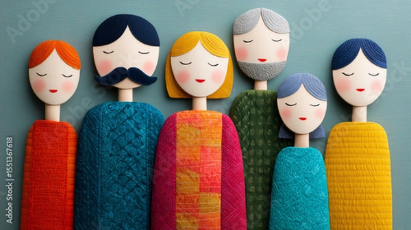 Fototapeta patchwork family with group of different doll-like figures