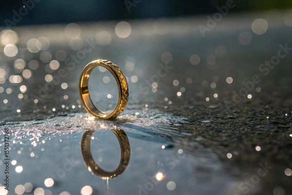 Fototapeta Gold Ring Hovering Above Sparkling Surface