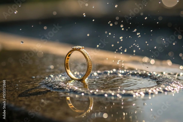 Fototapeta Gold Ring Hovering Above Sparkling Surface
