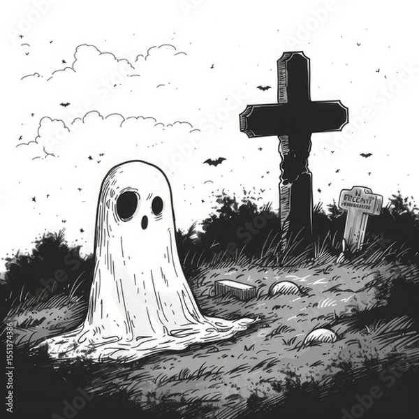 Fototapeta Simple black and white sketch halloween illustration of a ghost near a tombstone with a cross in a cemetery