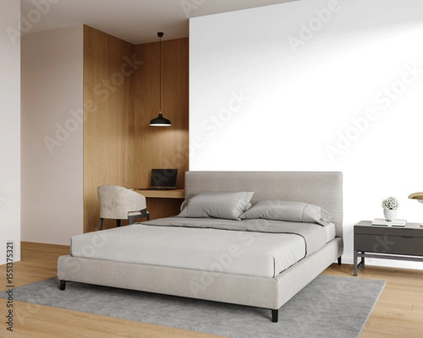 Fototapeta Full View Bedroom Interior with Bed, Nightstand and Study Nook – Transparent Wall Mockup with Realistic Shadows – 3D render