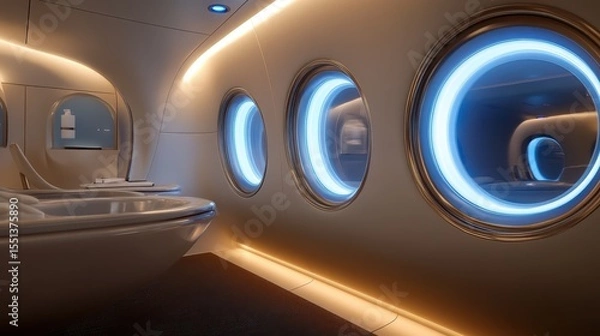 Fototapeta Futuristic Interior of a Luxury Space Capsule with Circular Windows