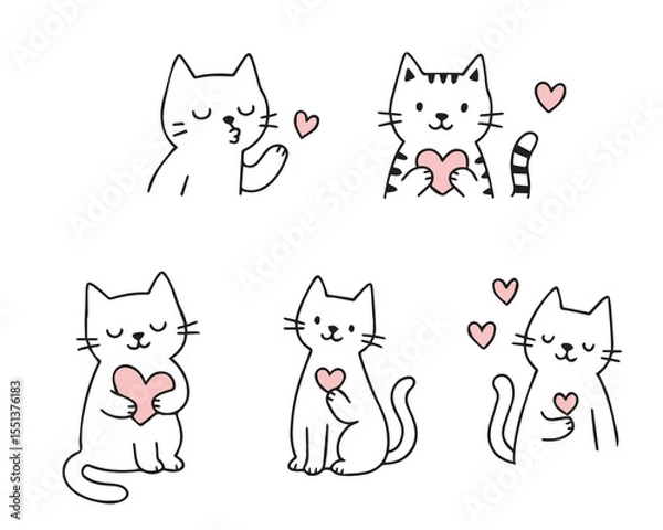Fototapeta Vector set of cute cats in doodle style in different poses. World Cat Day. Hand drawn vector illustration. 