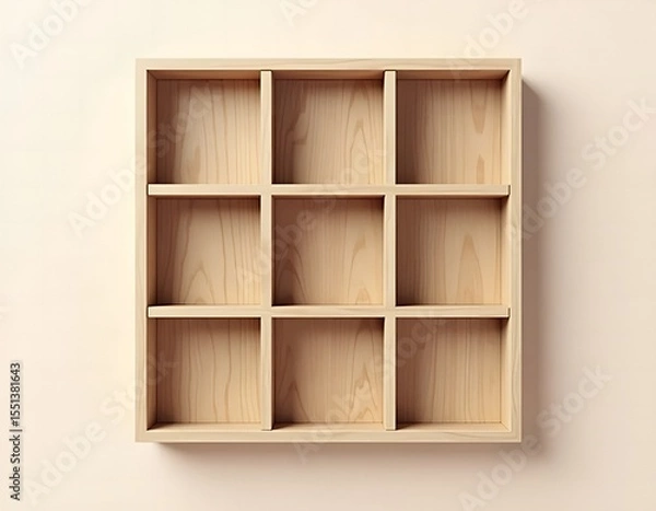 Fototapeta Clean and empty natural wood cube shelf organizer against a soft beige background