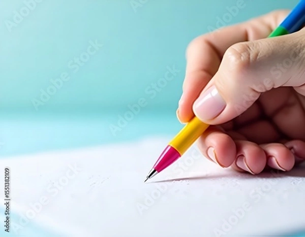 Fototapeta Close up of a woman s hand holding a colorful pen and writing on white paper with a blue background