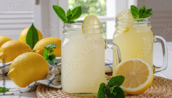 Fototapeta Refreshing Lemonade with Mint in Mason Jars