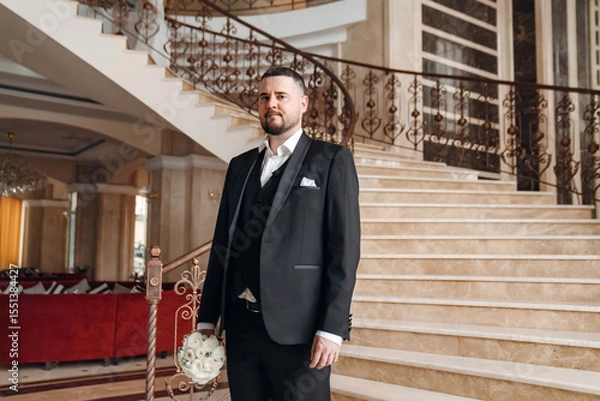 Obraz A groom in a black suit with a bouquet is waiting for the bride at the stairs