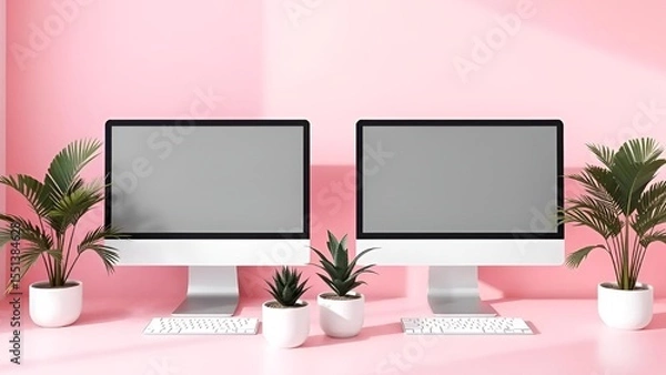 Fototapeta Minimalist Pink Office Scene with Monitors and Green Plants – Hyperrealistic 3D Render