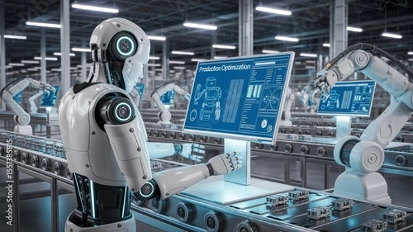 Fototapeta a robot working in a modern factory, interacting with a digital monitor.