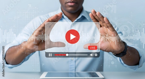 Fototapeta Man Presenting Live Video Content on Transparent Screen