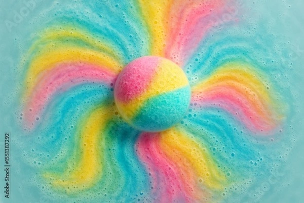 Obraz Colorful bath bomb dissolving in water creating rainbow foam pattern, top view macro photography