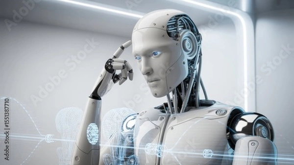 Fototapeta 3D rendering of an android robot in a thinking pose, touching its head with a finger