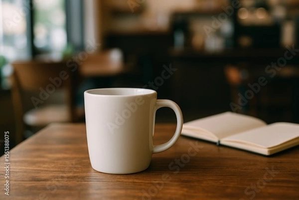 Obraz White ceramic mug on wooden table with open notebook in blurred coffee shop interior, warm natural light
