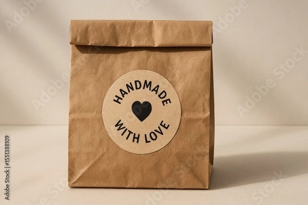 Obraz Brown paper bag with round label reading Handmade with love on neutral background, eco packaging branding concept