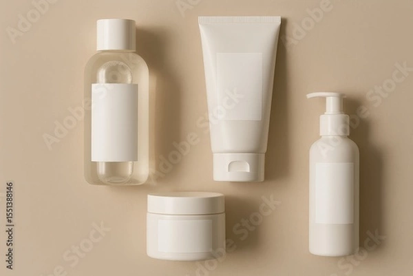 Obraz Cosmetic containers with blank labels on beige background. Flat lay mockup for skincare packaging and branding design