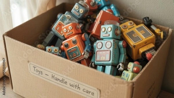 Fototapeta A collection of old vintage robot toys placed inside a cardboard box