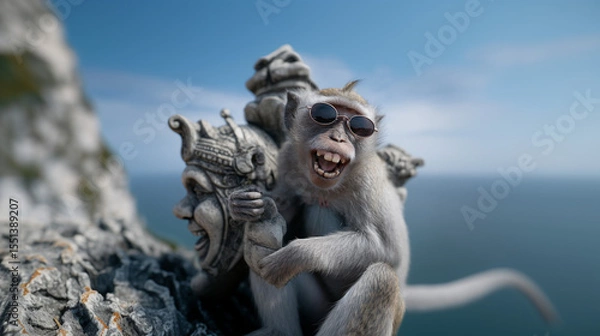 Obraz Monkey stole glasses from a tourist.