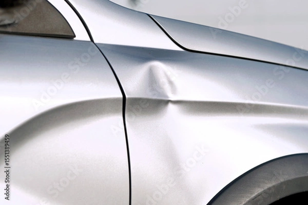 Fototapeta Deep dent on the front fender of silver car, closeup. Car surface damage, impact marks, and deformation of the vehicle body panel. Silver car with visible damage and pronounced dent on the fender