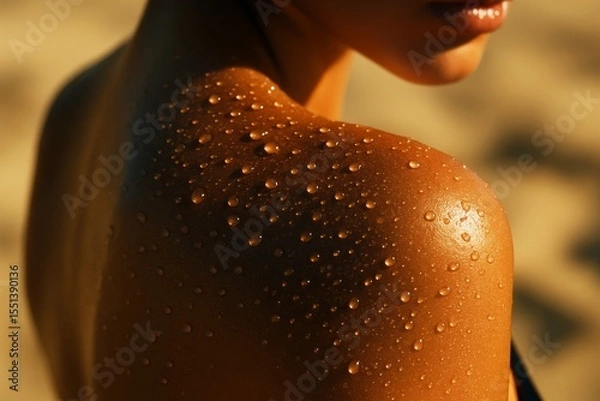 Obraz Tanned female shoulder with water droplets in sunlight close-up, summer skincare and beach hydration concept