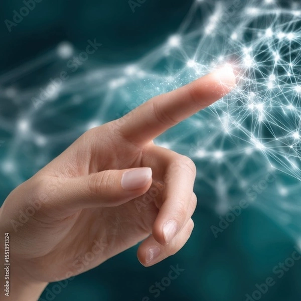 Fototapeta Fingertip interacting with digital network