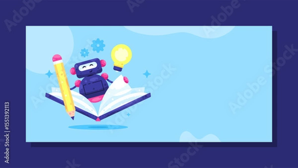 Fototapeta a learning assistant concept banner. learning services and support. artificial intelligence technology for education and knowledge. illustration of a robot reading a book. horizontal blue background