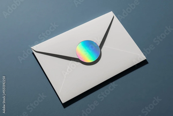 Obraz White envelope sealed with round holographic sticker on dark blue background, modern top view composition