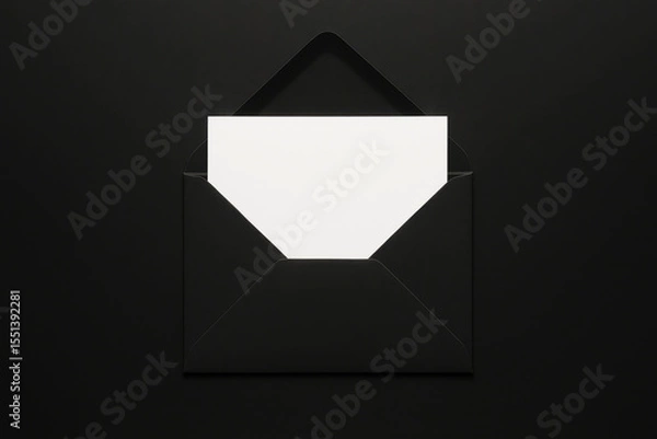 Obraz Open black envelope with blank white card on black background, centered flat lay composition for invitation or message design