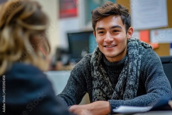 Fototapeta Young man interviewing for a university application, talking with an admissions officer to discuss his qualifications., Generative AI