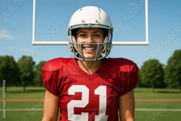Obraz Smiling female American football player wearing helmet and red jersey standing on field in front of goal post