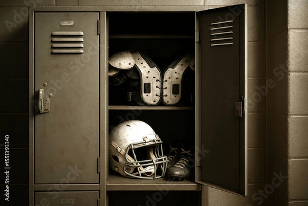 Obraz American football gear including helmet, shoulder pads, and cleats stored inside open metal locker in locker room