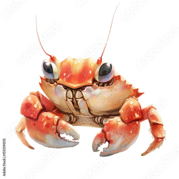 Fototapeta A colorful watercolor illustration of a crab with orange and white shell. The crab has large eyes and prominent claws, set against a transparent background PNG.