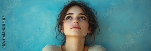 Fototapeta Young woman in casual attire, looking up with a thoughtful expression, deep in imagination or contemplation., Generative AI