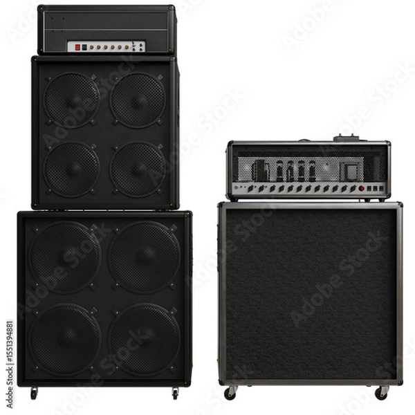 Fototapeta Two guitar amplifier stacks, one a two-cabinet stack with a head unit atop, the other a single-cabinet stack.  Both are dark grey/black, featuring multiple speakers and control panels. 
