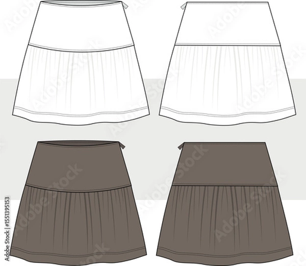 Obraz Women's and Girls Tiered Mini Skirt fashion technical drawing, illustration. Boho style mini skirt vector. Front and Back view. Cad, Mockup.