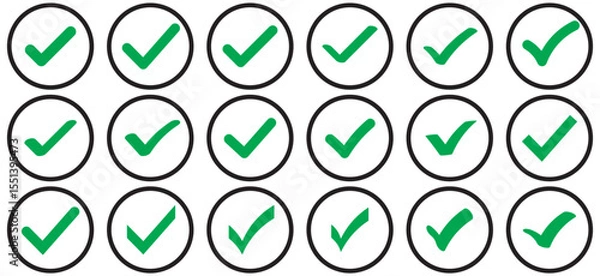 Fototapeta Green Check mark icon vector illustration in two variants. Approved, yes, confirm, done, vote, accept, tick, select, check box, and questionnaire green check mark button set circle and round shapes.