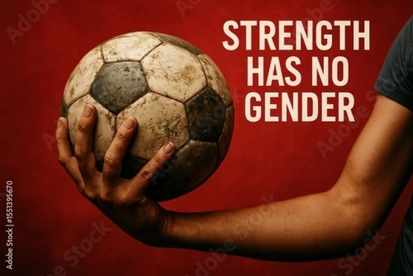 Obraz Hand holding dirty soccer ball against red background with motivational message about gender equality in sports