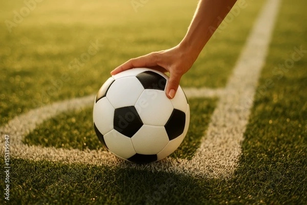 Obraz Hand female placing soccer ball on field corner line at sunset, close-up view before kick-off on green grass pitch
