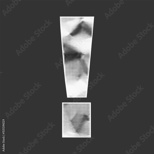Fototapeta Grungy exclamation mark cut from crumpled paper. Jagged collage edges, gritty stipple halftone, ransom note punctuation.