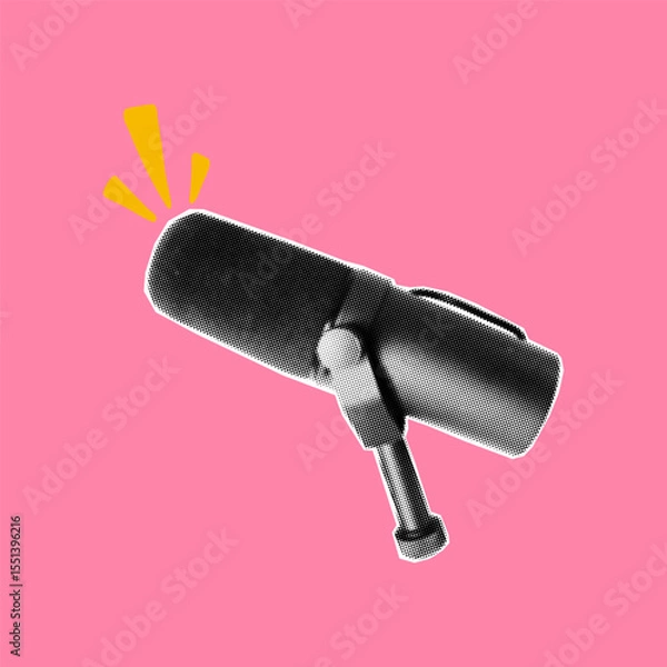 Fototapeta Modern vector podcast cover with microphone. Halftone dotted texture, collage paper cutout element for a bold punk effect, pink.