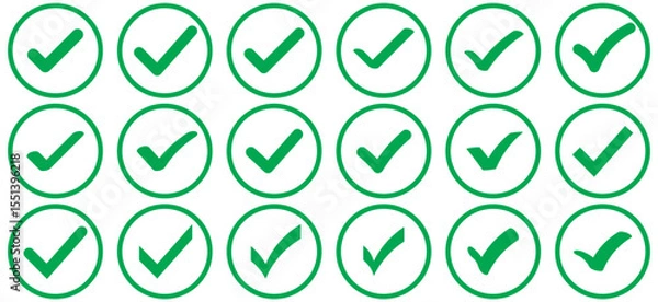 Fototapeta Green Check mark icon vector illustration in two variants. Approved, yes, confirm, done, vote, accept, tick, select, check box, and questionnaire green check mark button set circle and round shapes.