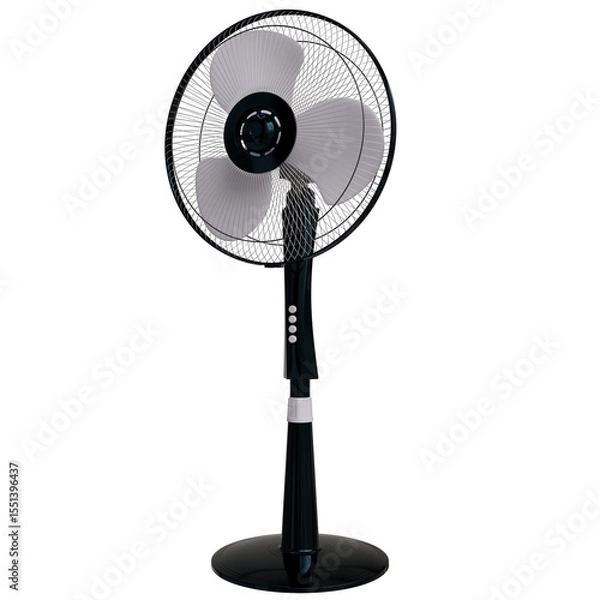 Fototapeta A black pedestal fan with three light-grey blades, a circular base, and simple control buttons on the adjustable stand.  It has a modern, minimalist design