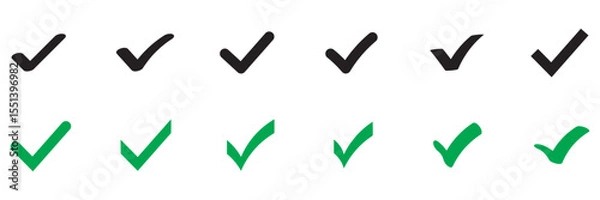 Fototapeta Green Check mark icon vector illustration in two variants. Approved, yes, confirm, done, vote, accept, tick, select, check box, and questionnaire green check mark button set circle and round shapes.
