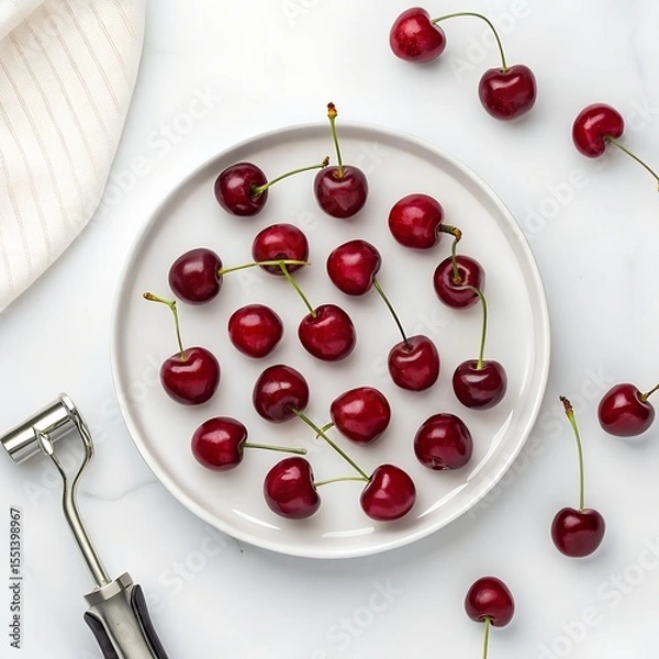Fototapeta Fresh Red Cherries Arranged on a White Plate
