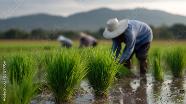 Obraz Farmers planting rice in fields.