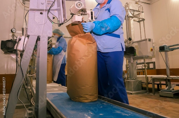 Fototapeta Workers packaging products in a factory during daytime to ensure quality and efficiency in operations