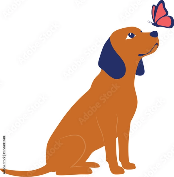 Fototapeta Dog with a butterfly resting on its nose minimalist vector. 