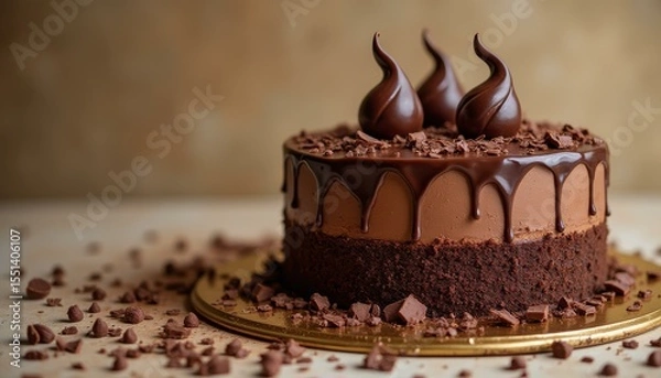 Fototapeta Decadent two-layered chocolate cake with ganache on tabletop