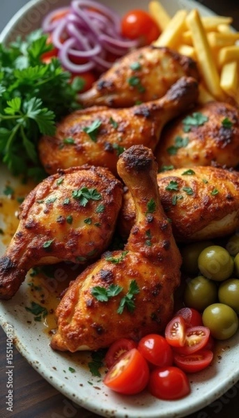 Fototapeta Roasted chicken pieces with French fries and vegetables on table