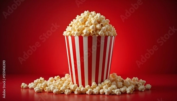 Fototapeta Vintage red-striped popcorn box with popcorn spilling out, bold red background,