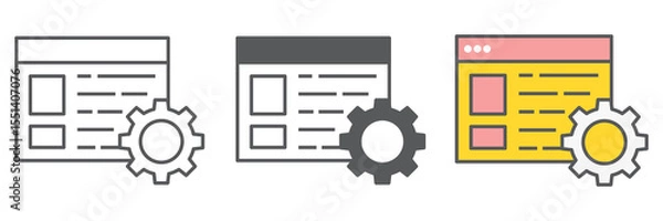 Fototapeta Content management icon collection, marketing and seo, browser with cog sign vector set graphics, editable stroke linear icon, eps 10